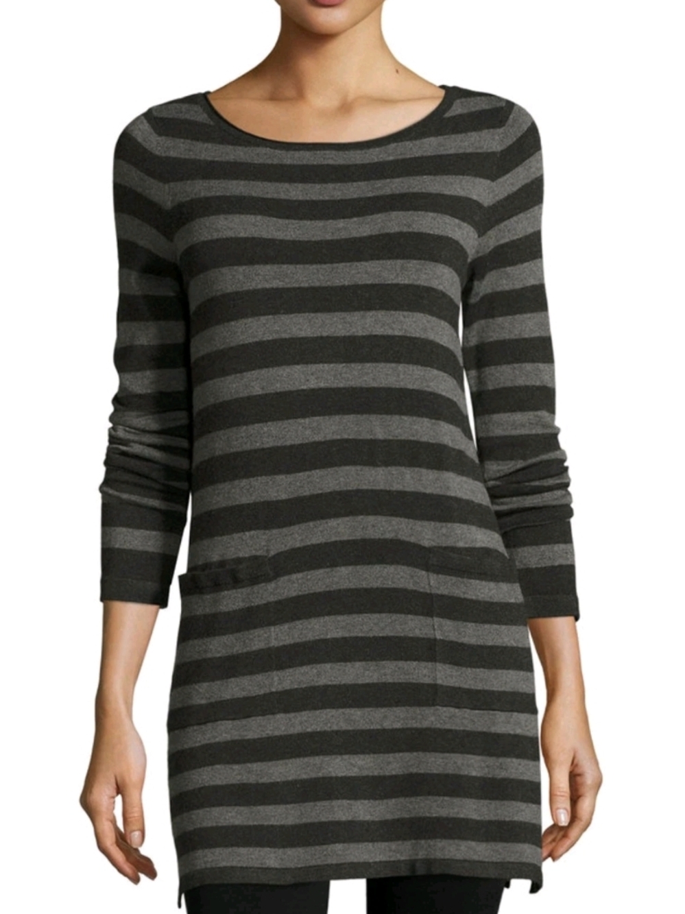 Eileen Fisher 90% Viscose Striped Tunic Dress With Pockets Black & Charcoal